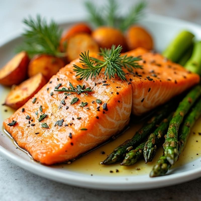 Sheet Pan Lemon Herb Salmon with Crispy Roasted Asparagus and Sweet Potatoes
