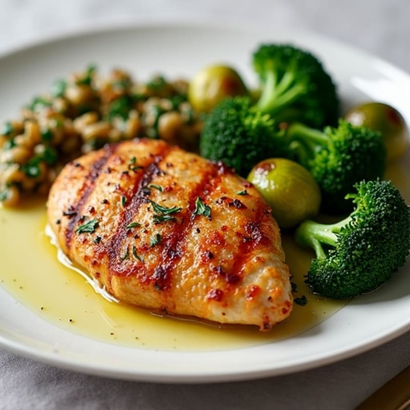 Crispy Roasted Chicken Breast with Broccolini, Brussels Sprouts, and Sautéed Spinach