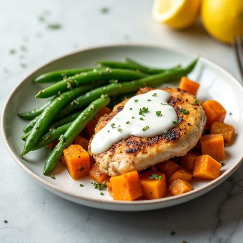 Creamy Chicken with Roasted Sweet Potatoes and Green Beans
