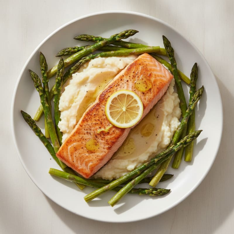 Seared Salmon Fillet with Roasted Asparagus and Cauliflower Mash