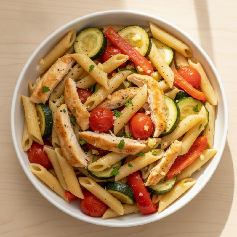 Shredded Chicken Pasta with Roasted Vegetables