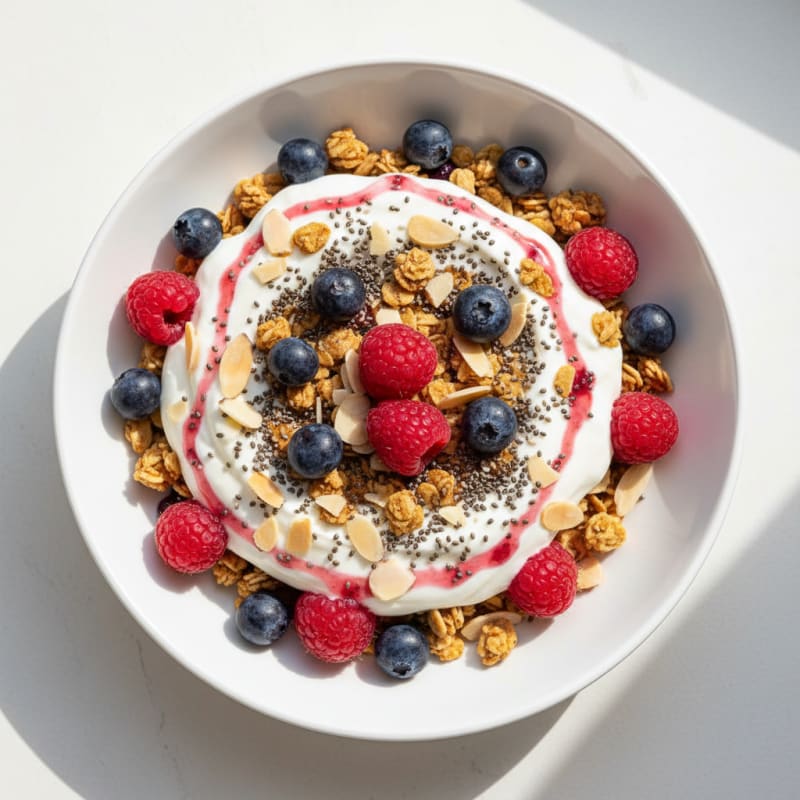 Greek Yogurt Parfait with Crunchy Almond Granola and Berries