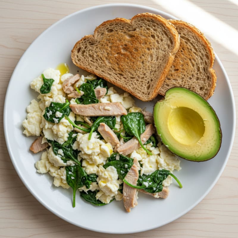 Egg White Scramble with Sautéed Spinach and Turkey Breast