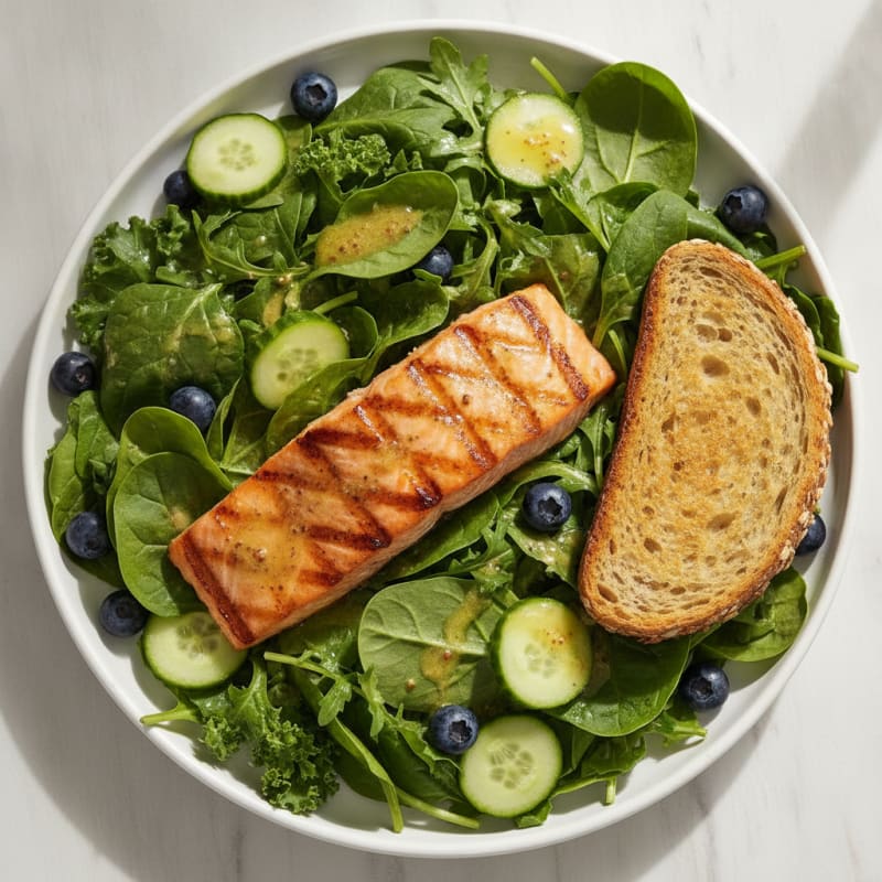 Grilled Salmon Salad with Crunchy Greens and Lemon Vinaigrette