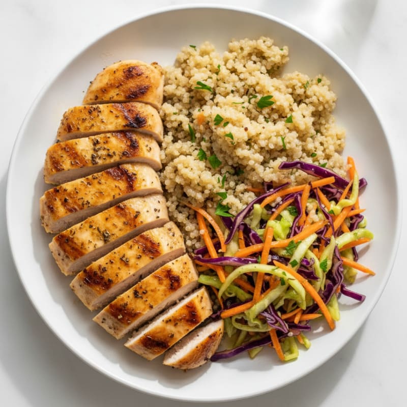 Grilled Chicken Breast with Crunchy Cabbage Slaw and Quinoa