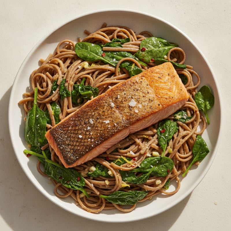 Pan-Seared Salmon with Lentil Noodles