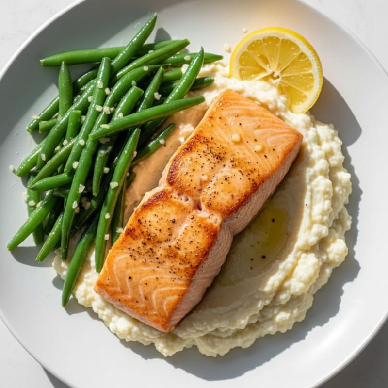 Seared Salmon with Garlic Green Beans and Cauliflower Mash