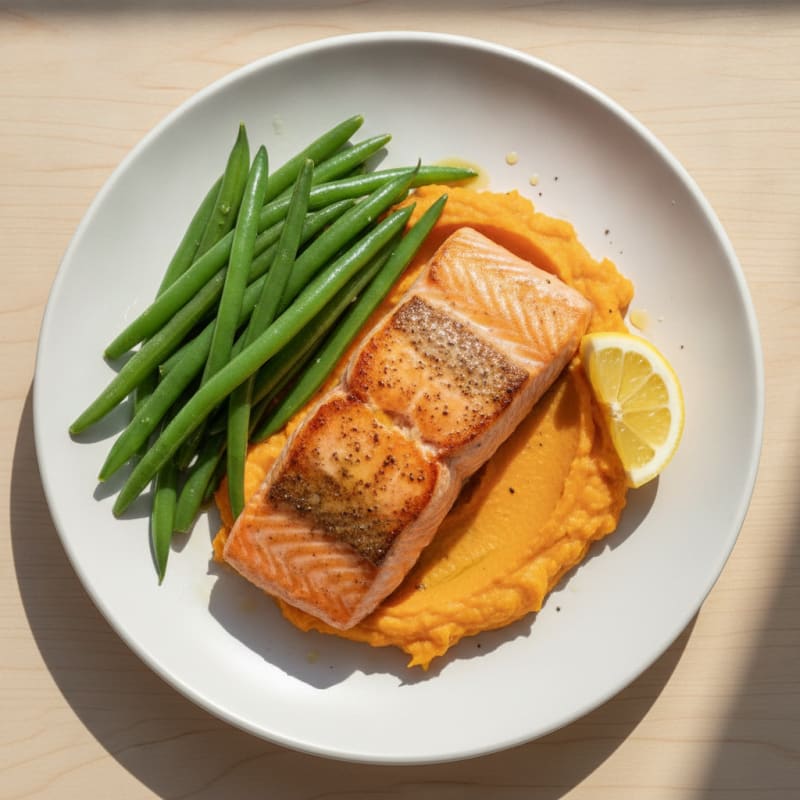 Seared Salmon with Steamed Green Beans and Sweet Potato Mash