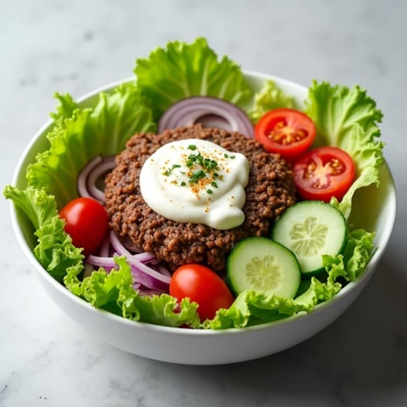 Lean Ground Beef Burger Bowl with Crispy Lettuce and Creamy Tangy Dressing