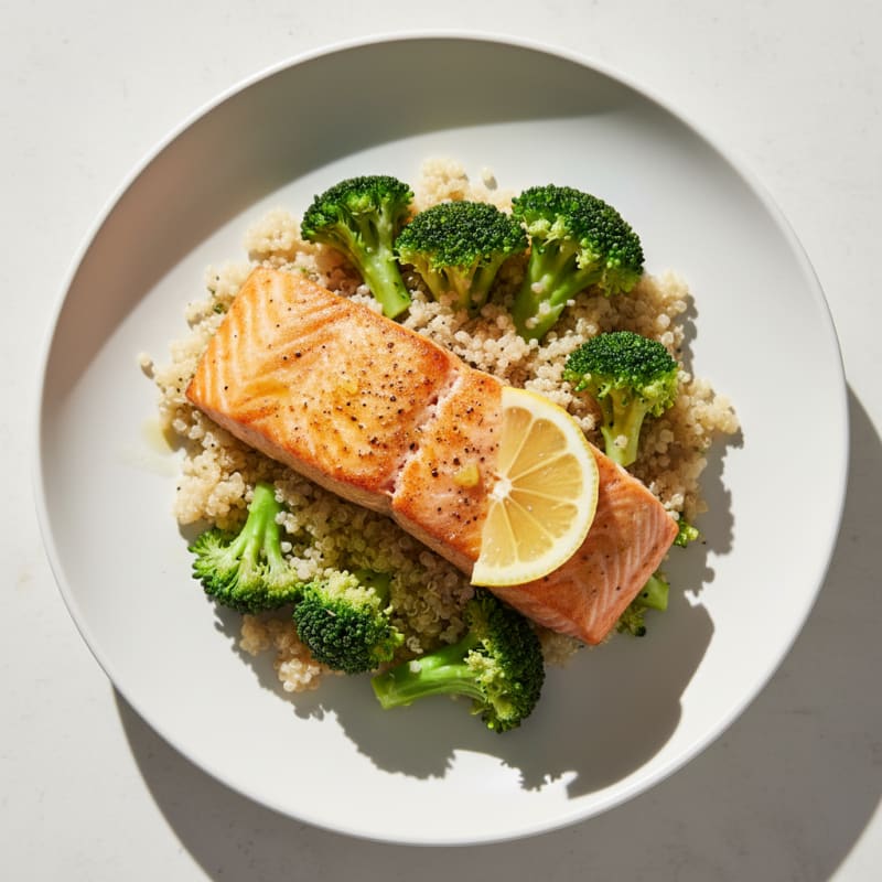 Seared Salmon Fillet with Steamed Broccoli and Quinoa