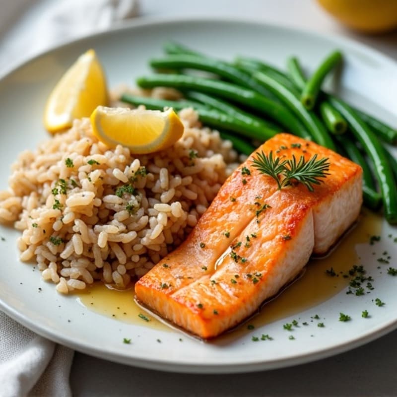 Seared Salmon with Steamed Green Beans and Brown Rice