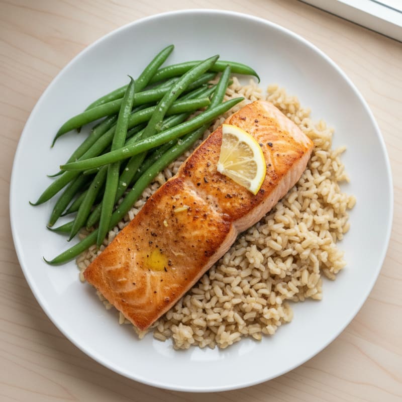 Seared Salmon with Steamed Green Beans and Brown Rice