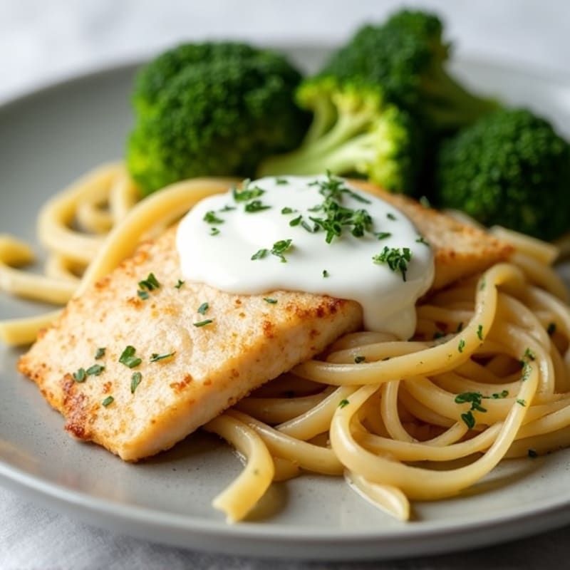 Creamy Lemon Garlic Tilapia with Whole Wheat Fettuccine and Roasted Broccoli