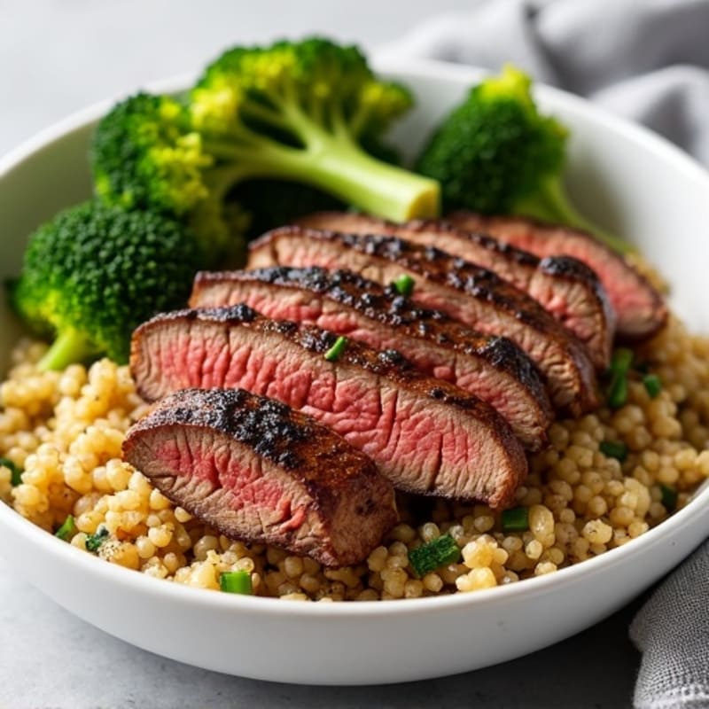 Seared Lean Beef Strips with Roasted Broccoli and Garlic Quinoa