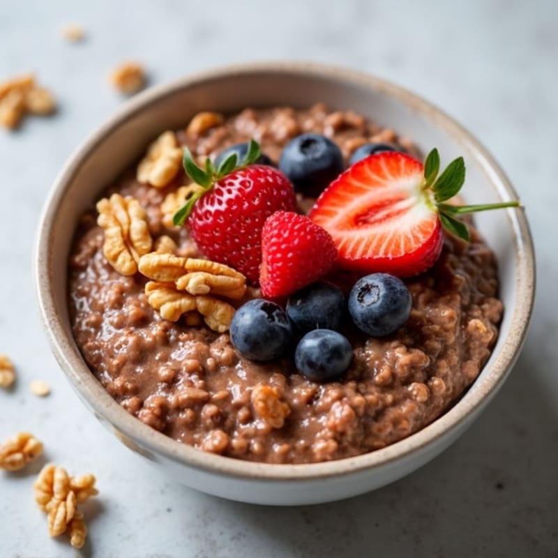 Creamy Chocolate Protein Oatmeal with Toasted Walnuts and Fresh Berries