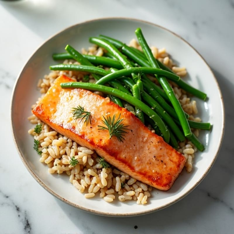 Seared Salmon with Steamed Green Beans and Herbed Brown Rice