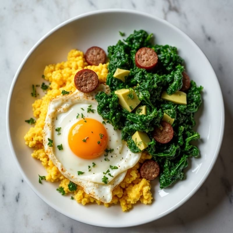 Egg White Scramble with Turkey Sausage and Sautéed Spinach