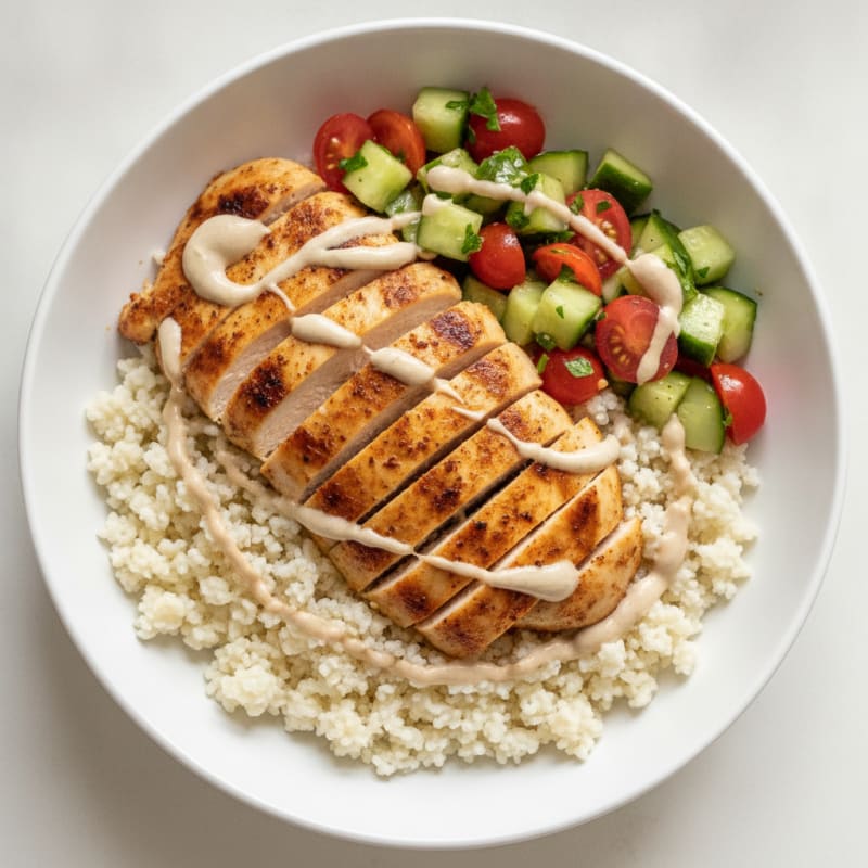 Grilled Chicken Shawarma Bowl with Cucumber Tomato Salad