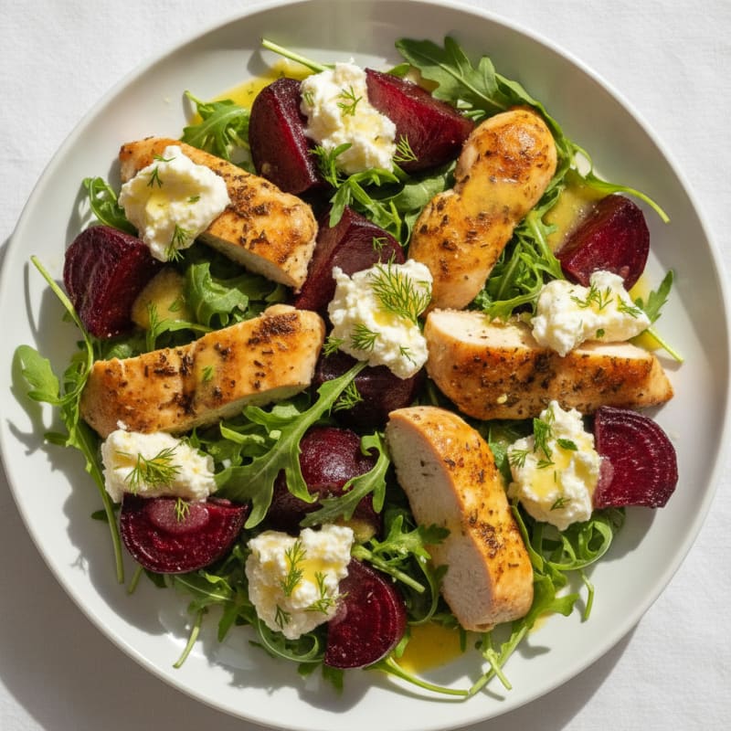Roasted Beetroot with Herbed Goat Cheese and Chicken