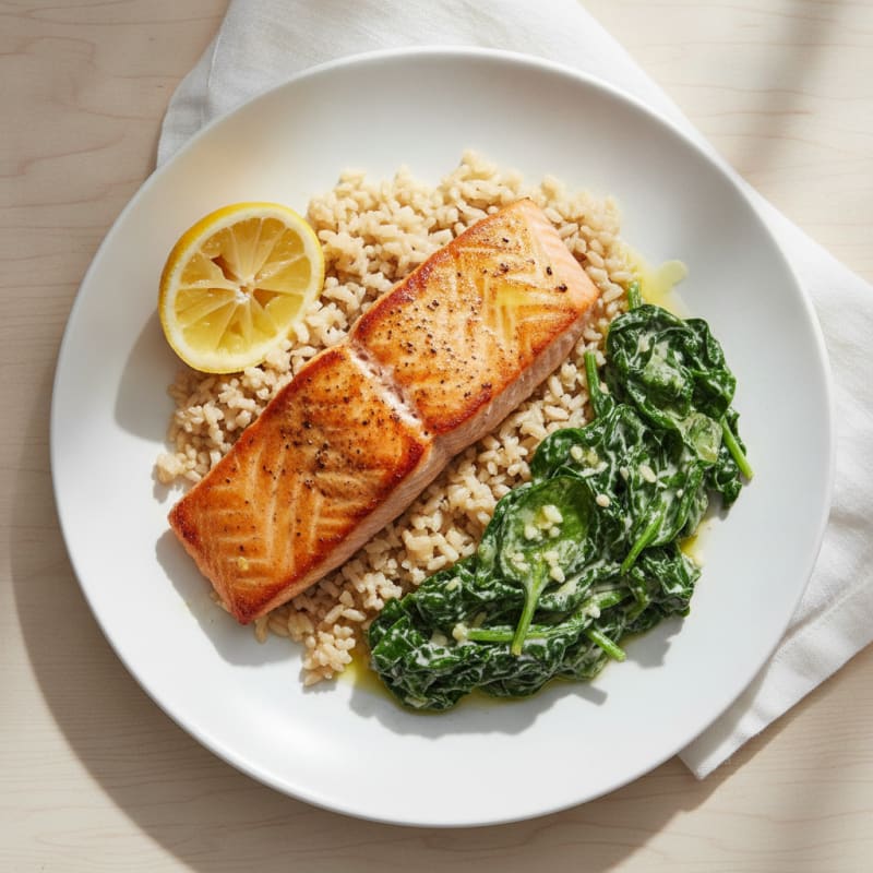 Seared Salmon Fillet with Creamy Spinach and Brown Rice