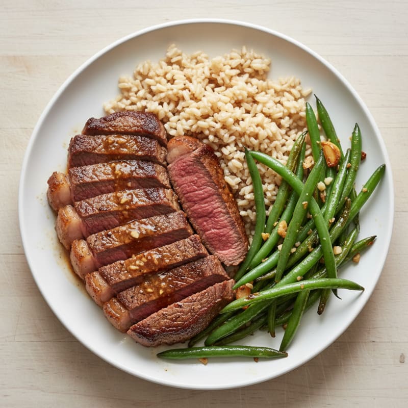 Seared Steak with Garlic Green Beans and Brown Rice