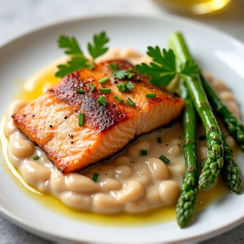 Seared Salmon with Creamy White Bean Mash and Steamed Asparagus