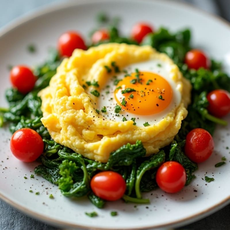 Fluffy Scrambled Eggs with Sautéed Spinach and Cherry Tomatoes