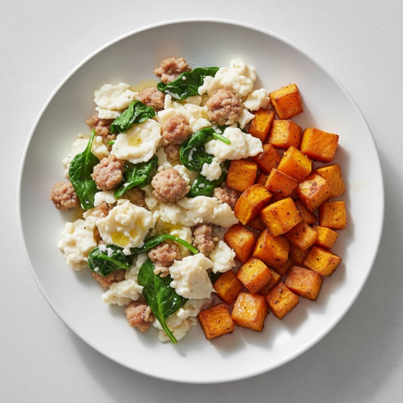 Egg White and Turkey Sausage Scramble with Spinach and Roasted Sweet Potato
