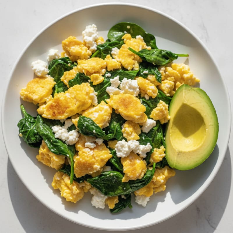 Scrambled Eggs with Cottage Cheese and Sautéed Spinach