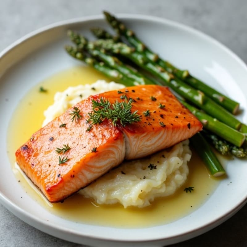 Seared Salmon with Garlic Mashed Potatoes and Roasted Asparagus