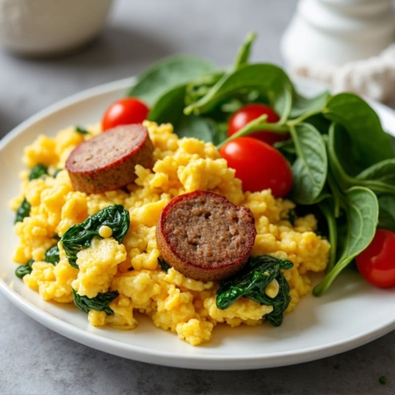 Egg White and Turkey Sausage Scramble with Spinach and Tomatoes