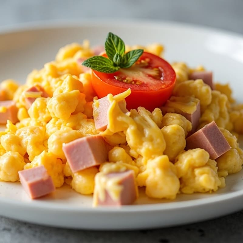 Creamy Ham and Cheese Egg Scramble with Fresh Tomato