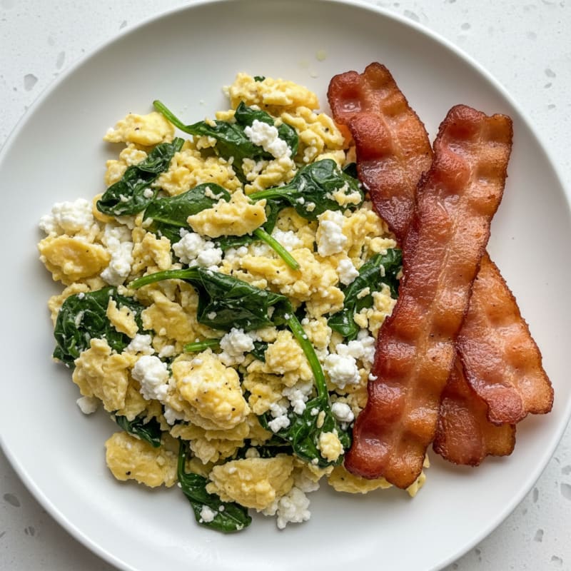 Cottage Cheese Egg Scramble with Sautéed Spinach and Turkey Bacon