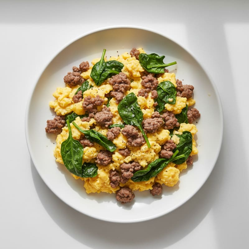 Scrambled Eggs with Spinach and Ground Beef