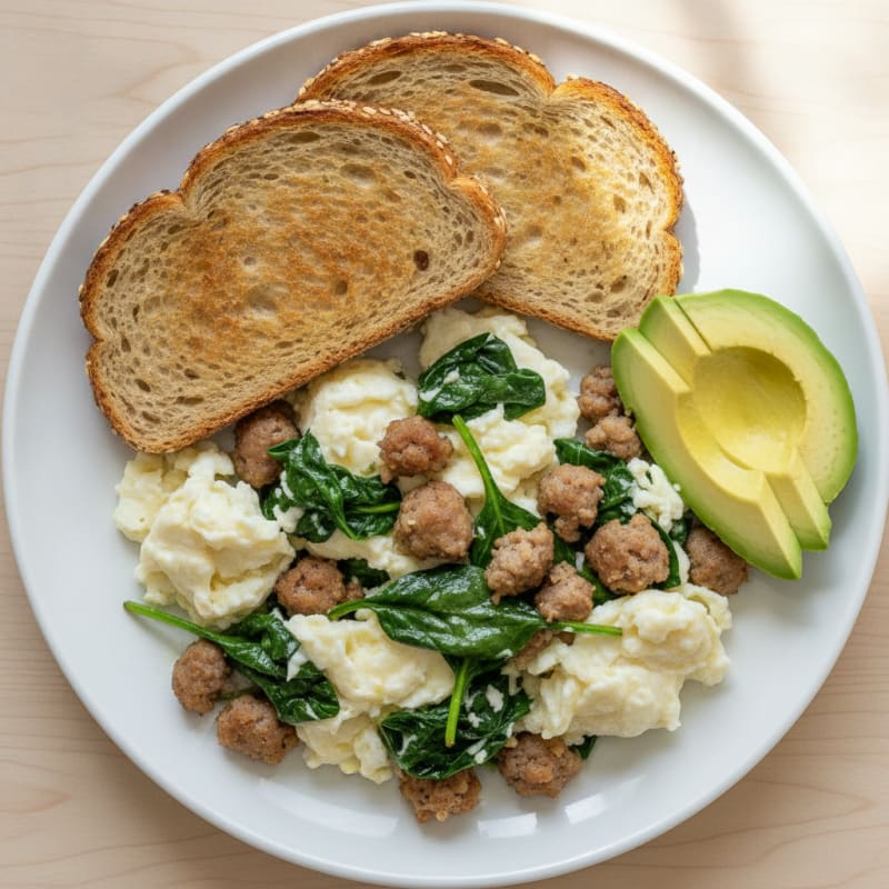 Egg White and Spinach Scramble with Turkey Sausage