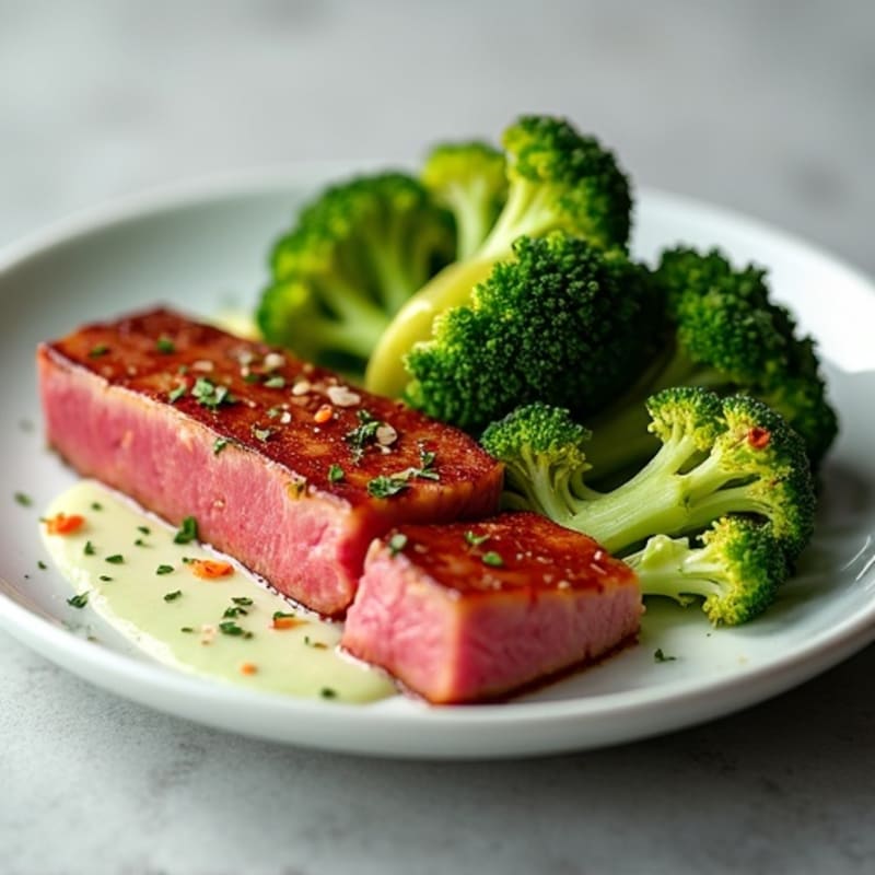 Seared Ahi Tuna with Crispy Roasted Broccoli and Creamy Wasabi Aioli