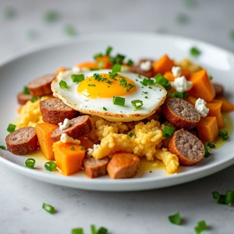 Egg White and Turkey Sausage Scramble with Roasted Sweet Potato