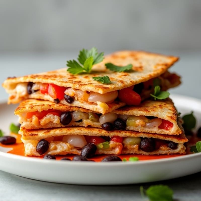 Crispy Spiced Chicken and Black Bean Quesadilla with Sautéed Peppers and Onions