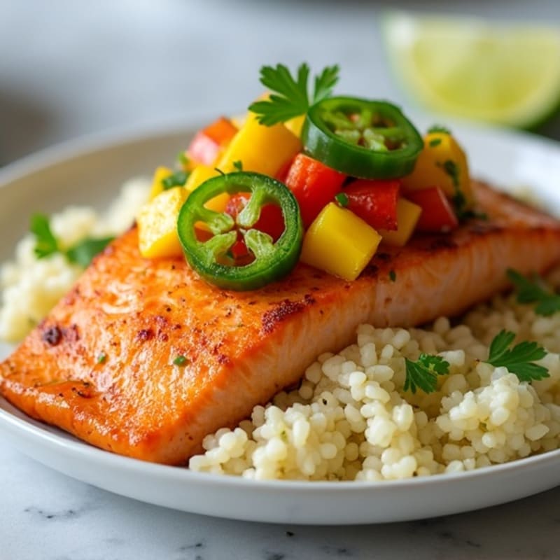 Pan-Seared Salmon with Spicy Mango Salsa and Coconut Cauliflower Rice