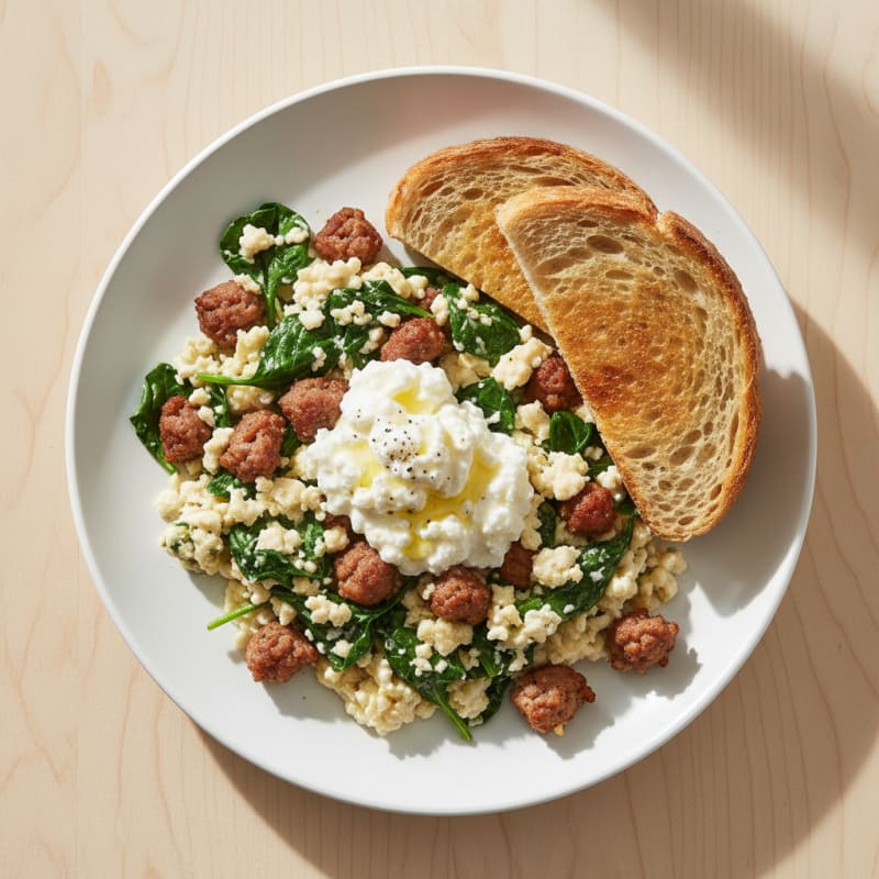 Egg White and Turkey Sausage Scramble with Spinach and Cottage Cheese
