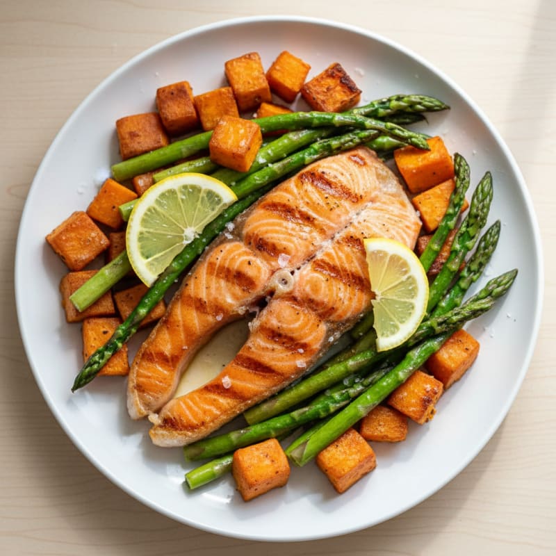 Seared Salmon Fillet with Roasted Sweet Potatoes and Asparagus