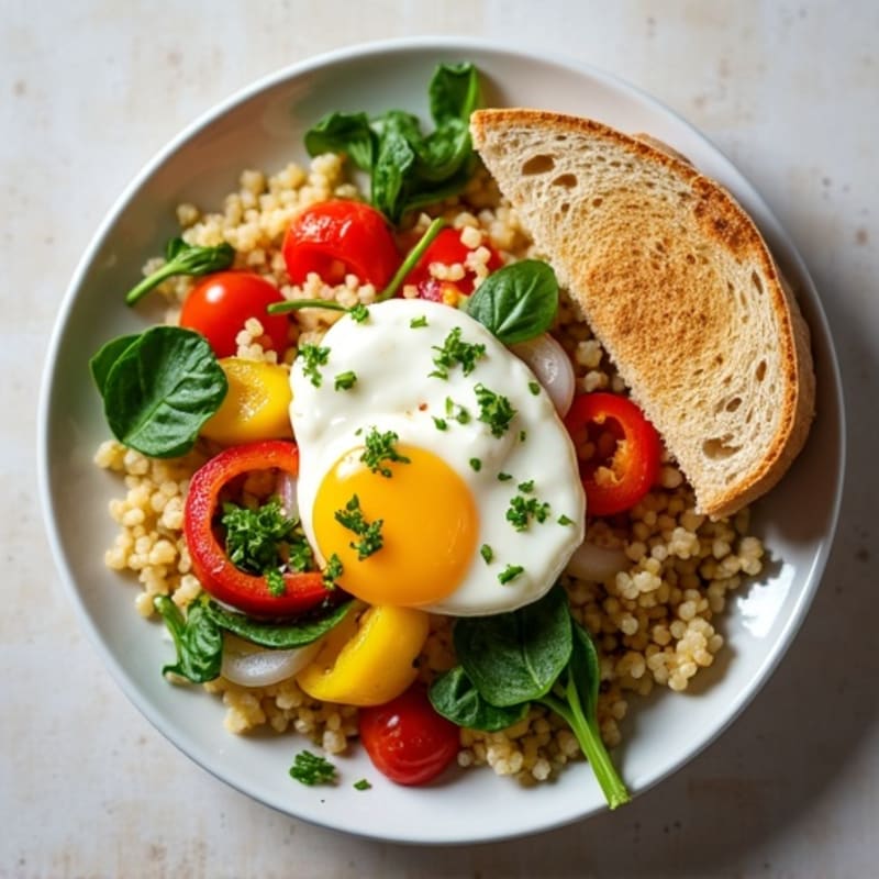 Egg White Veggie Scramble with Cottage Cheese, Quinoa & Toast