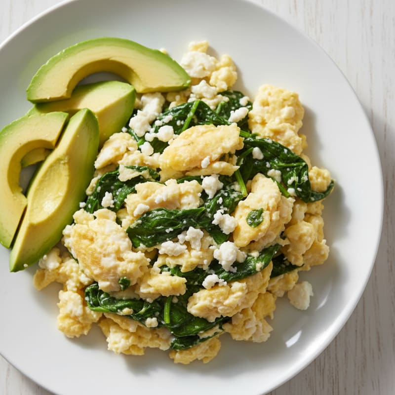 Creamy Scrambled Eggs with Sautéed Spinach and Feta