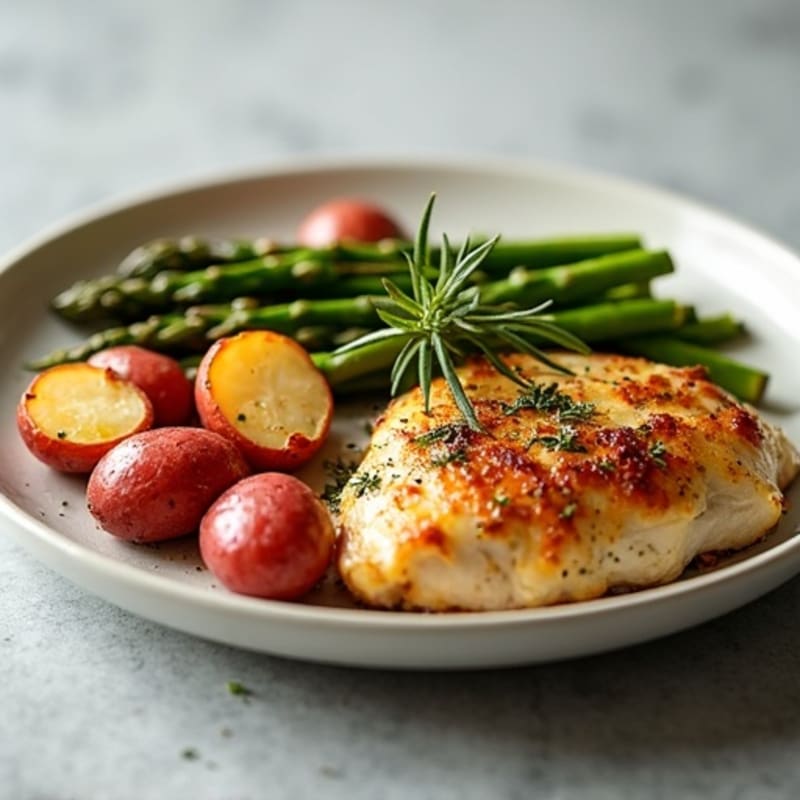 Crispy Red Potatoes with Herb-Roasted Chicken and Roasted Asparagus