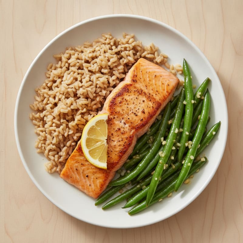 Seared Salmon with Garlic Green Beans and Brown Rice