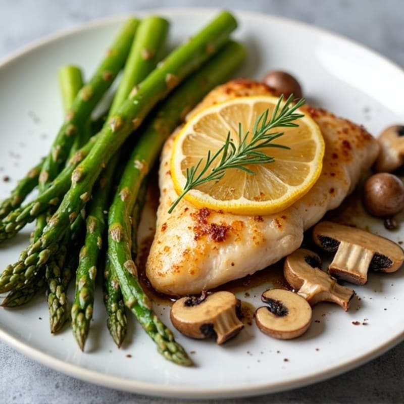 Juicy Lemon Herb Chicken with Roasted Garlic Butter Mushrooms and Crispy Roasted Asparagus