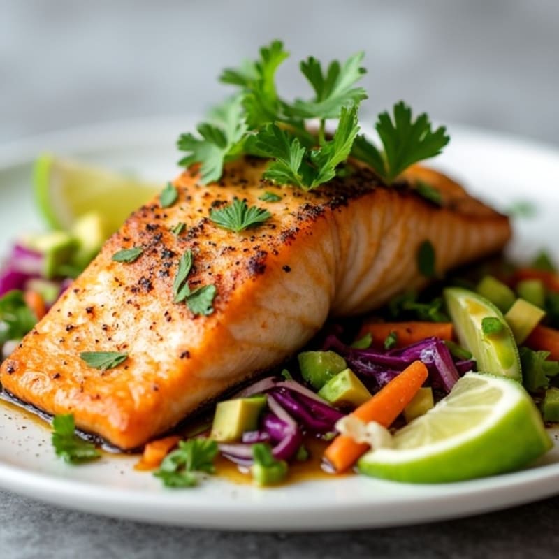 Crispy Pan-Seared Salmon with Creamy Avocado-Lime Slaw
