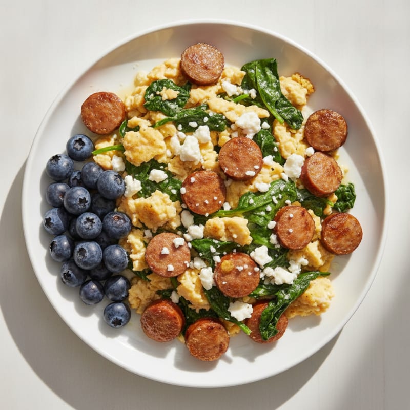 Egg White and Turkey Sausage Scramble with Spinach and Feta