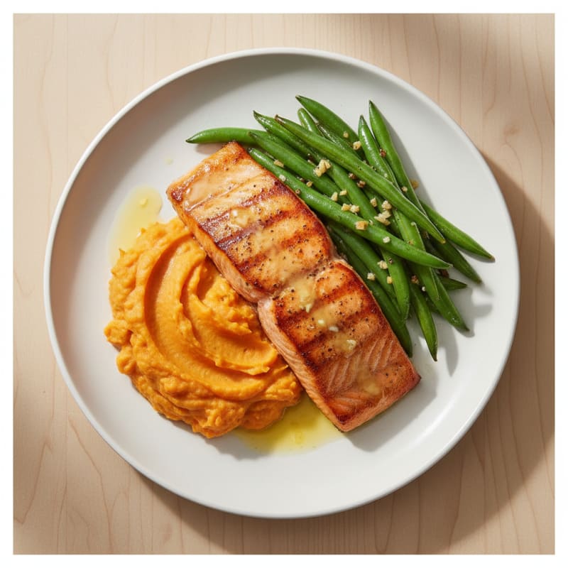 Seared Salmon with Garlic Green Beans and Mashed Sweet Potato