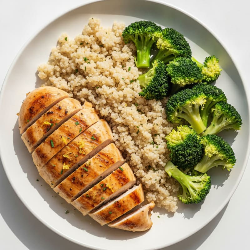 Grilled Chicken Breast with Steamed Broccoli and Quinoa